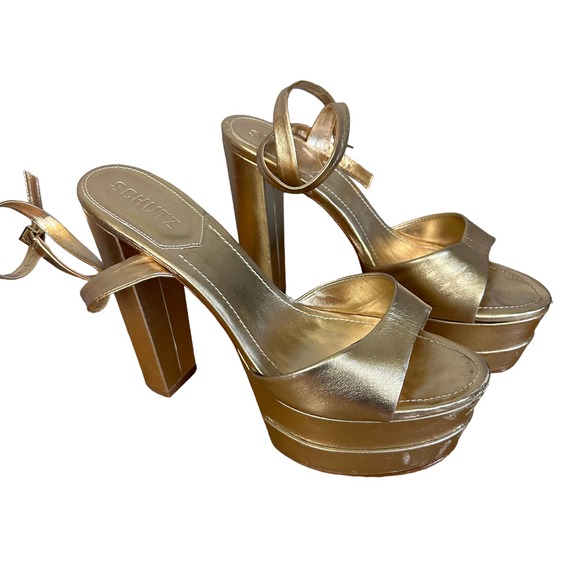 Schutz Gold Metallic Platform Sandal Size 9.5 Kaila Heels Disco Chunky High NEW - Picture 6 of 11